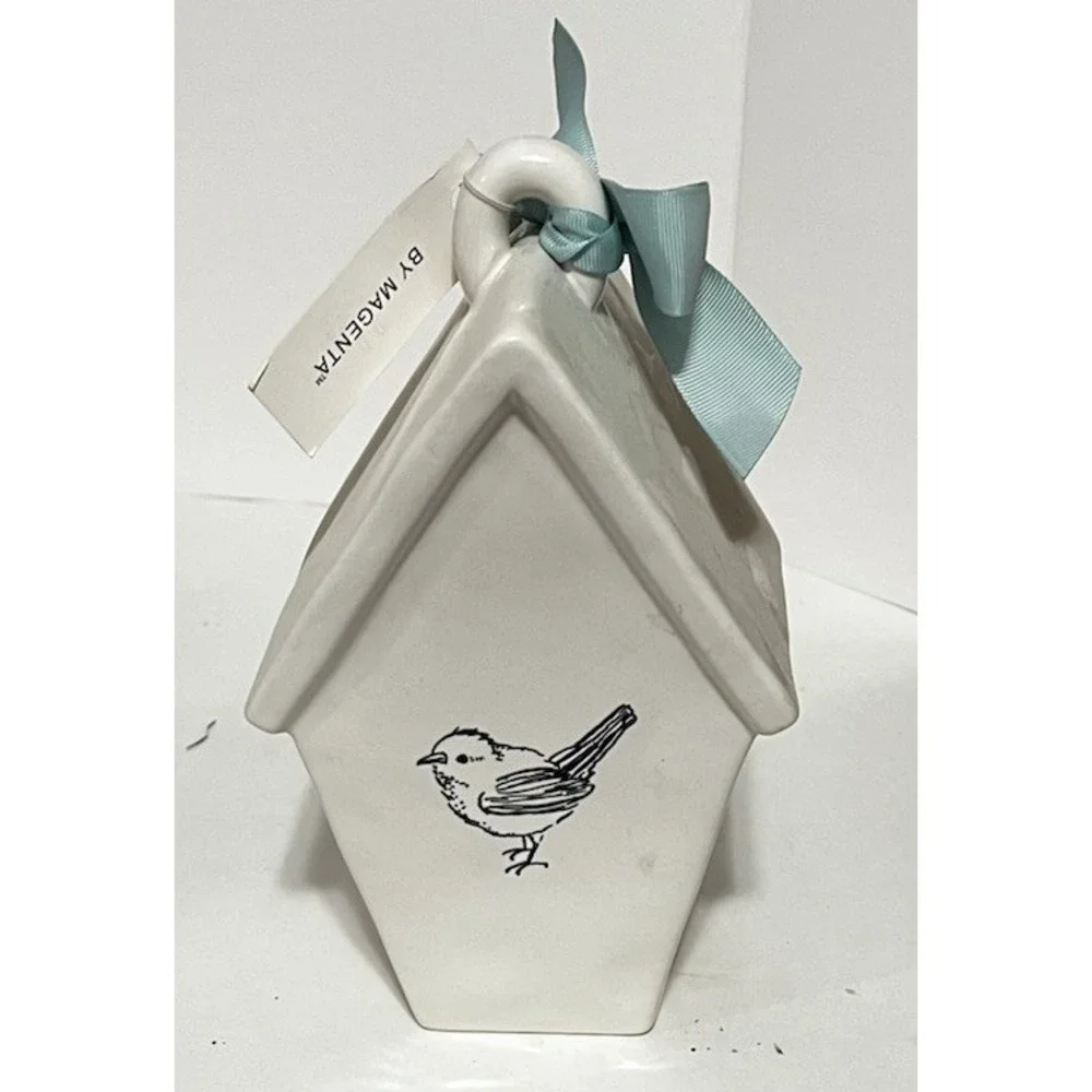 Rae Dunn Fly Slant Roof BirdHouse With Mint Ribbon